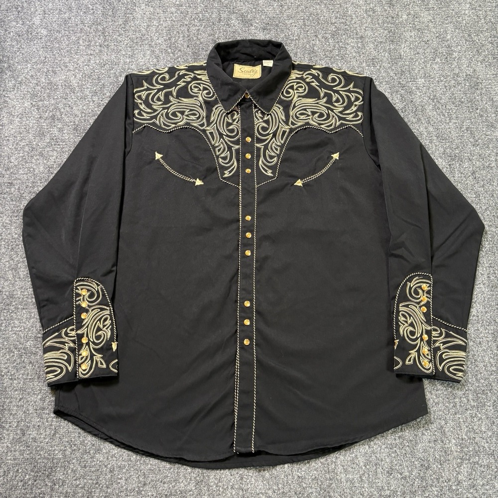 Scully Legends Shirt Mens XL Black Tan Paisley Scroll Western Pearl Snap Western